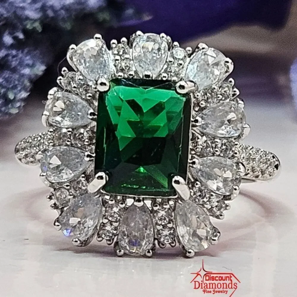 Emerald and Clear White Baguette Diamond Cocktail Ring on 925 Silver